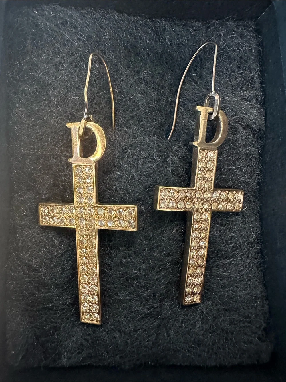 Dior Gold Crystal Cross Drop Earrings with 'D' Charm